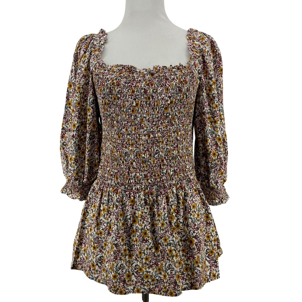Max Studio Size M Smocked Floral Blouse Cream Multi Ruffle Peplum Top Womens